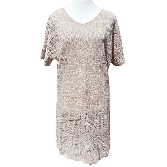 Open Knit Crochet Style Tunic Coverup Dress | Neutral Taupe Beige Beach Boho - Picture 1 of 10